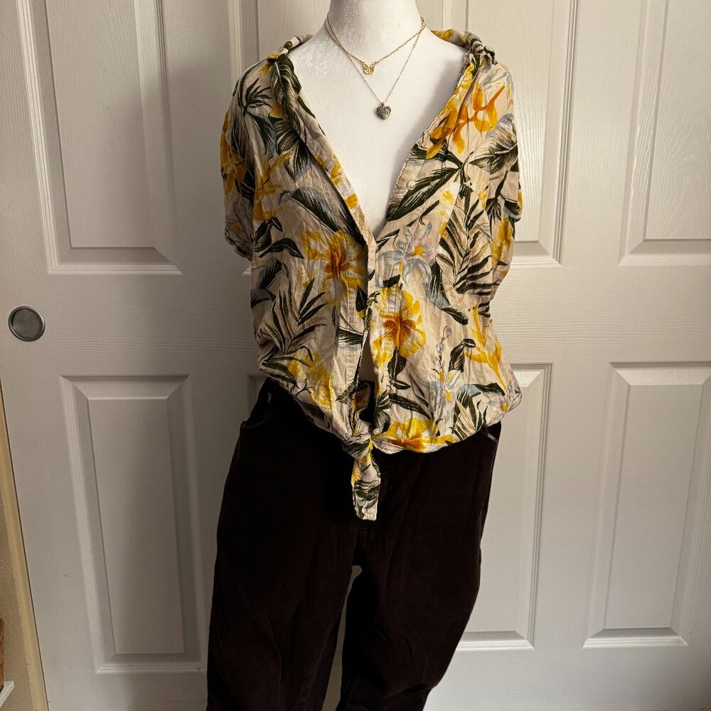 yellow and green floral button-up shirt